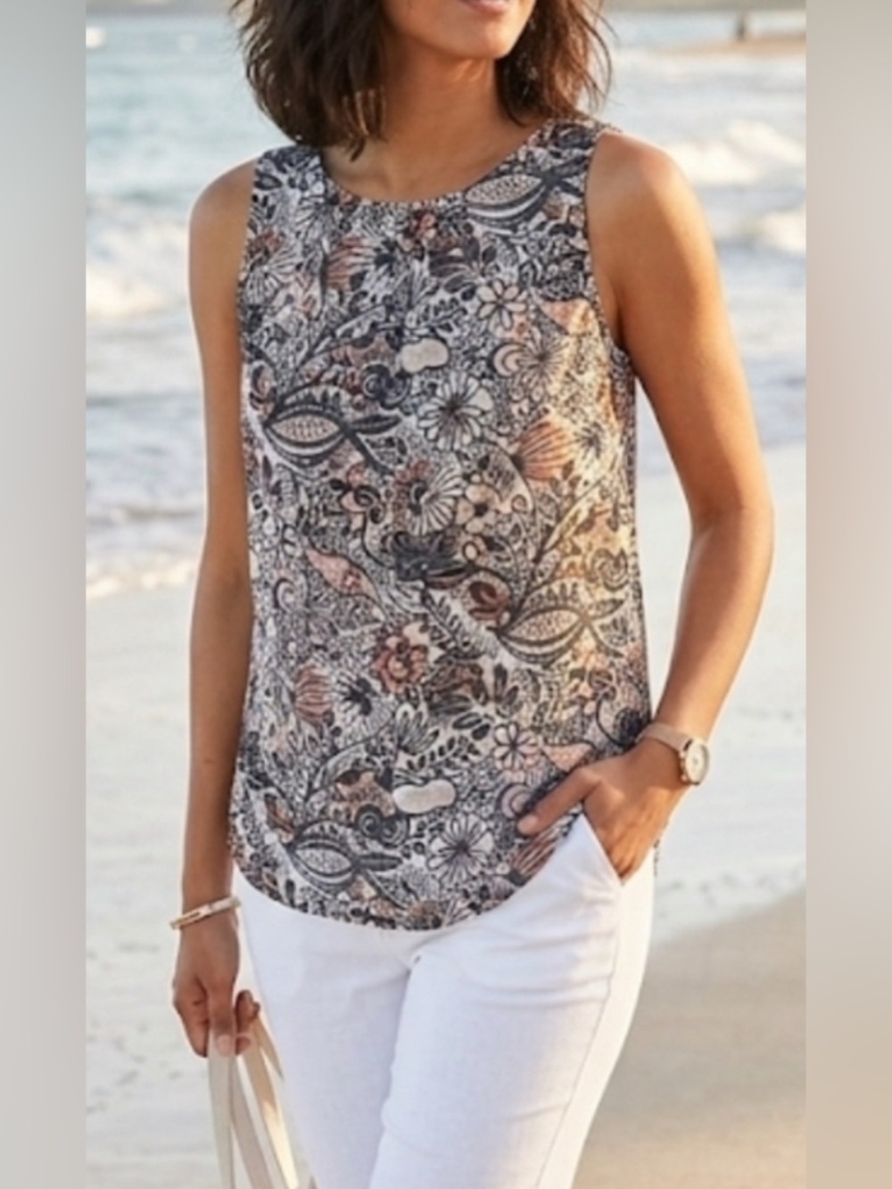 Loft Floral Paisley Sleeveless Blouse Tank Black Pink Gray White Size S